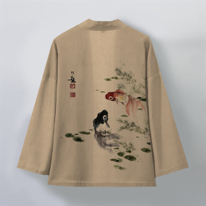 Buddha Stones Cotton Red Black Koi Lotus Pattern Open Front Men's Kimono - image 8