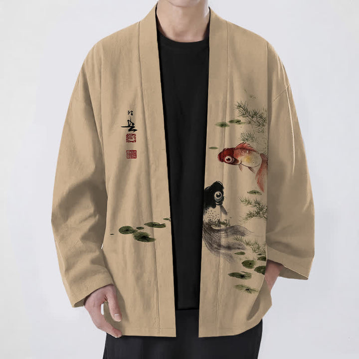 Buddha Stones Cotton Red Black Koi Lotus Pattern Open Front Men's Kimono - Tan - US/UK/AU48，EU58 (4XL) - image 6