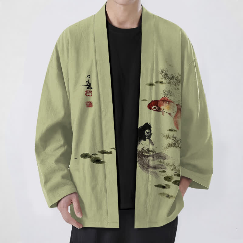 Buddha Stones Cotton Red Black Koi Lotus Pattern Open Front Men's Kimono - YellowGreen - US/UK/AU48，EU58 (4XL) - image 9