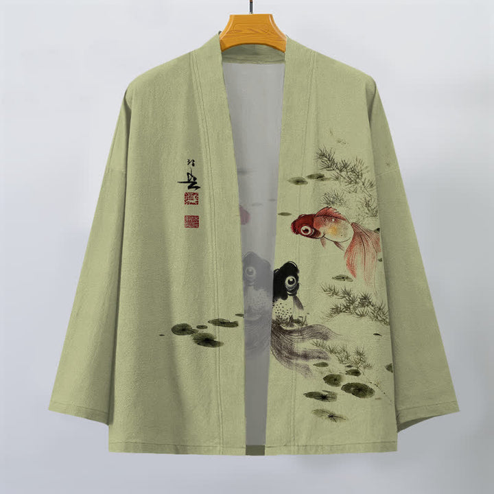 Buddha Stones Cotton Red Black Koi Lotus Pattern Open Front Men's Kimono - image 10