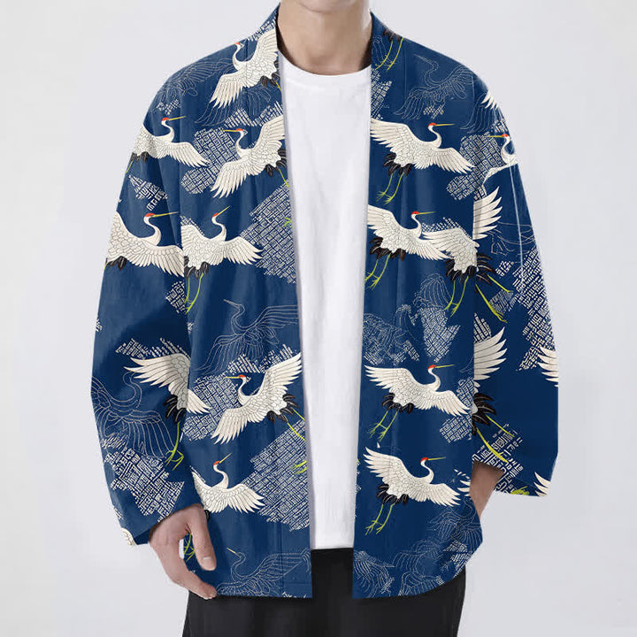 Buddha Stones Cotton White Crane Ripple Pattern Open Front Men's Kimono - Navy - US/UK/AU48，EU58 (4XL) - image 0