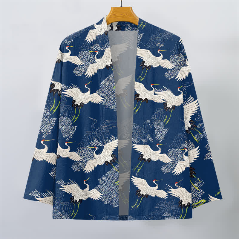 Buddha Stones Cotton White Crane Ripple Pattern Open Front Men's Kimono - image 1