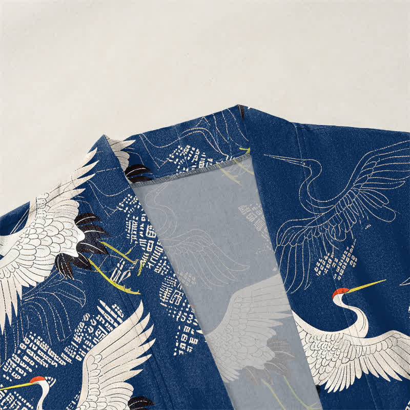 Buddha Stones Cotton White Crane Ripple Pattern Open Front Men's Kimono - image 3