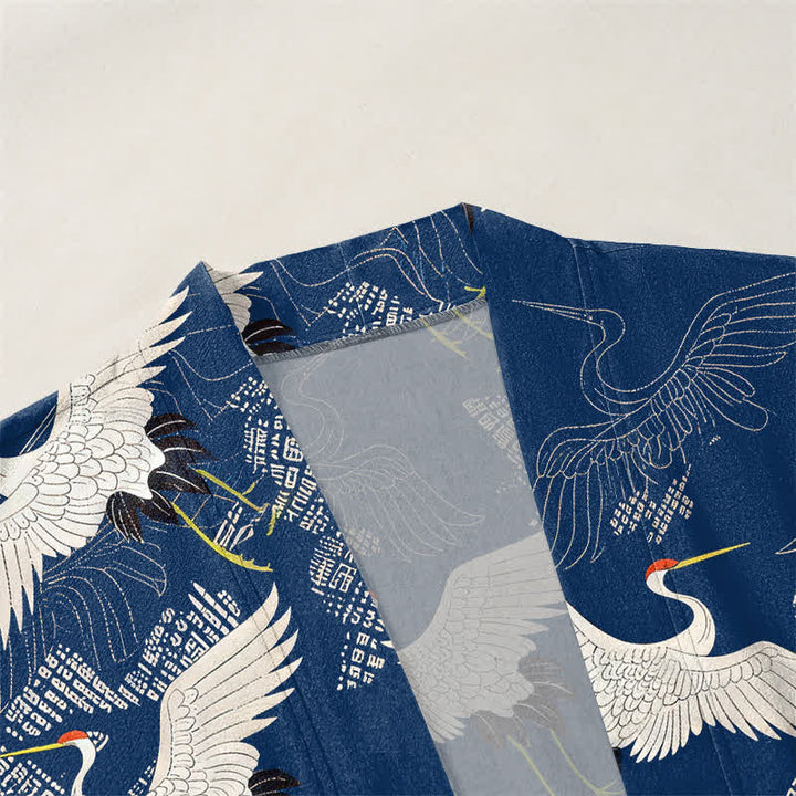 Buddha Stones Cotton White Crane Ripple Pattern Open Front Men's Kimono - image 3