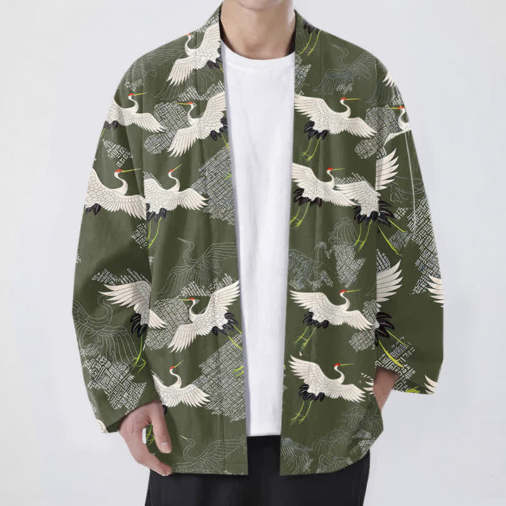Buddha Stones Cotton White Crane Ripple Pattern Open Front Men's Kimono - OliveDrab - US/UK/AU48，EU58 (4XL) - image 6
