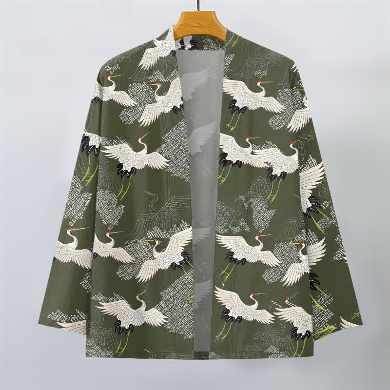 Buddha Stones Cotton White Crane Ripple Pattern Open Front Men's Kimono - image 7