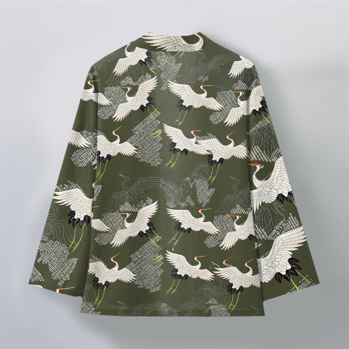 Buddha Stones Cotton White Crane Ripple Pattern Open Front Men's Kimono - image 8