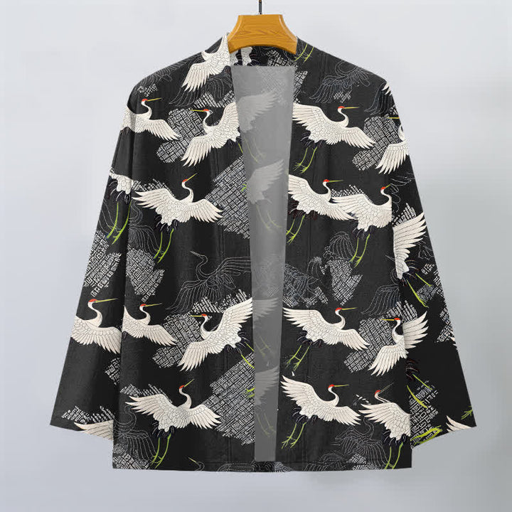 Buddha Stones Cotton White Crane Ripple Pattern Open Front Men's Kimono - image 10