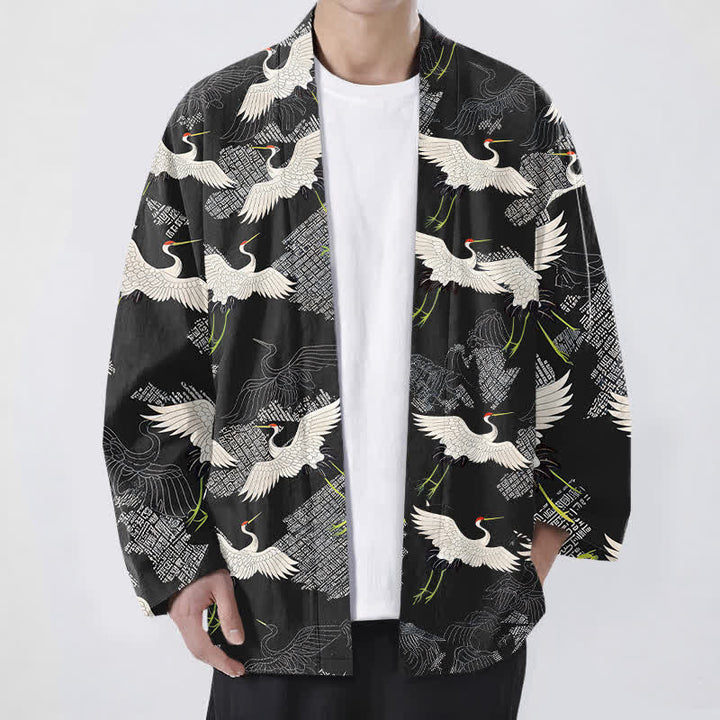 Buddha Stones Cotton White Crane Ripple Pattern Open Front Men's Kimono - Black - US/UK/AU48，EU58 (4XL) - image 9