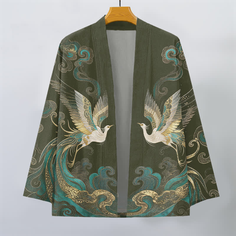 Buddha Stones Cotton Golden Crane Sea Cloud Pattern Open Front Men's Kimono - image 1