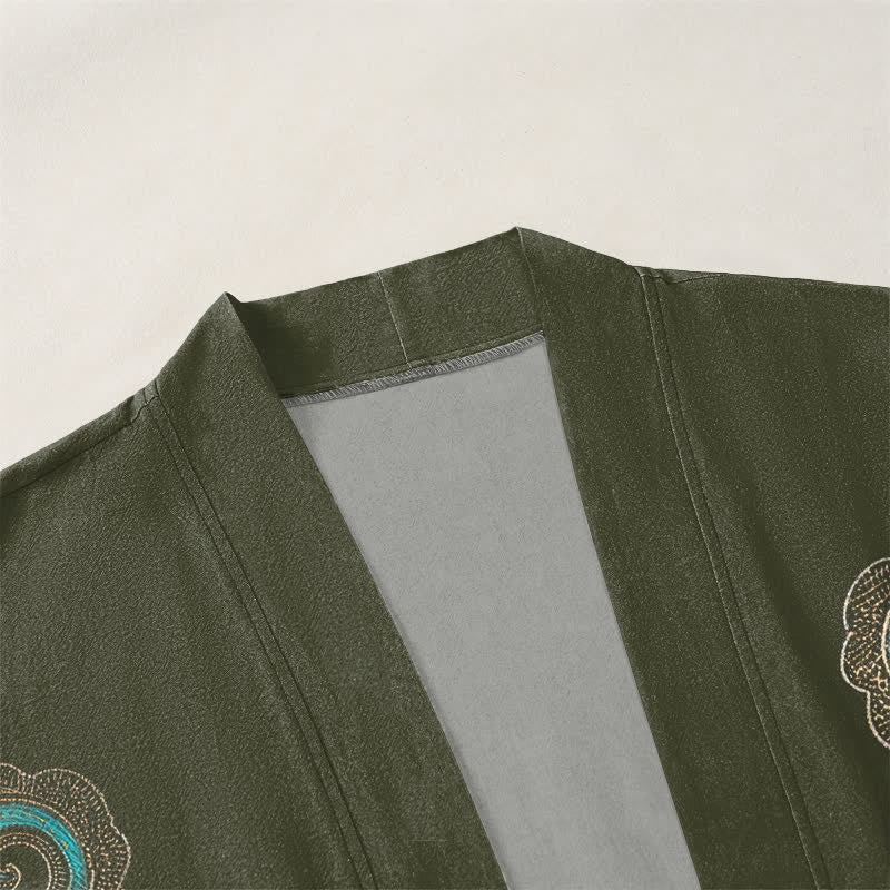 Buddha Stones Cotton Golden Crane Sea Cloud Pattern Open Front Men's Kimono - image 3
