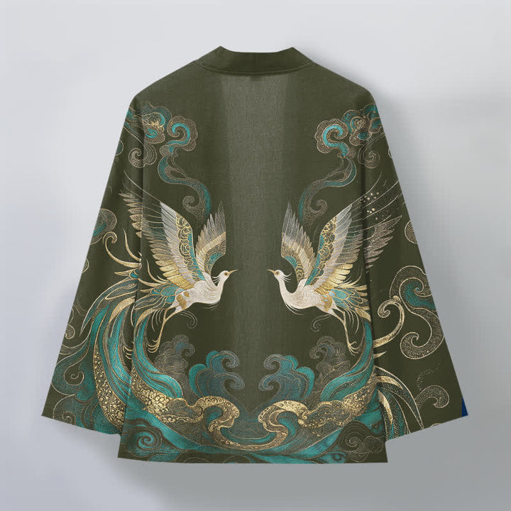 Buddha Stones Cotton Golden Crane Sea Cloud Pattern Open Front Men's Kimono - image 2