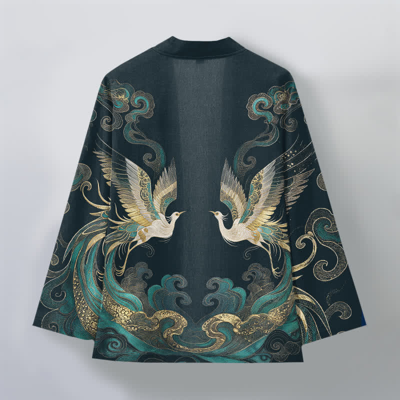 Buddha Stones Cotton Golden Crane Sea Cloud Pattern Open Front Men's Kimono - image 8
