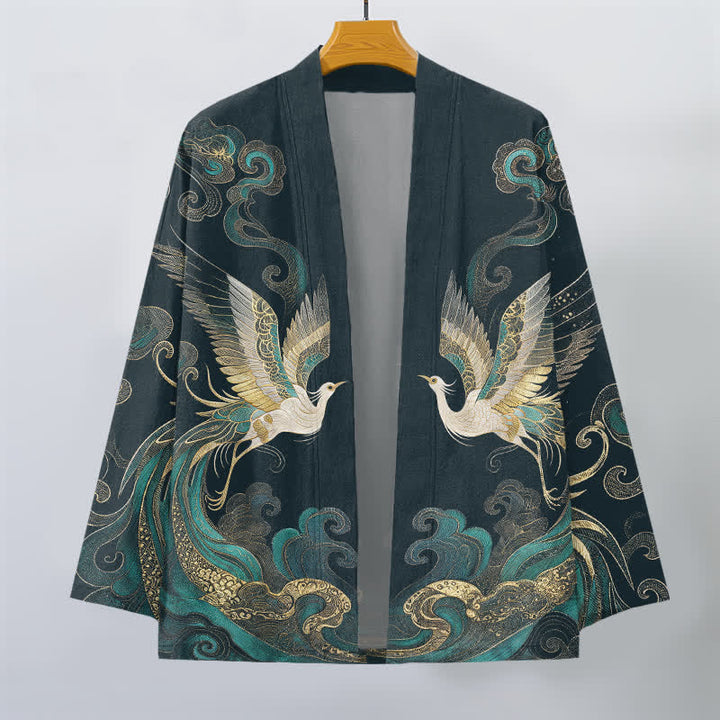 Buddha Stones Cotton Golden Crane Sea Cloud Pattern Open Front Men's Kimono - image 7
