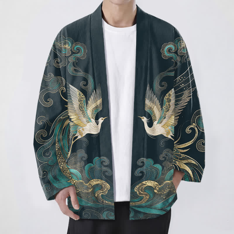 Buddha Stones Cotton Golden Crane Sea Cloud Pattern Open Front Men's Kimono - Teal - US/UK/AU48，EU58 (4XL) - image 6