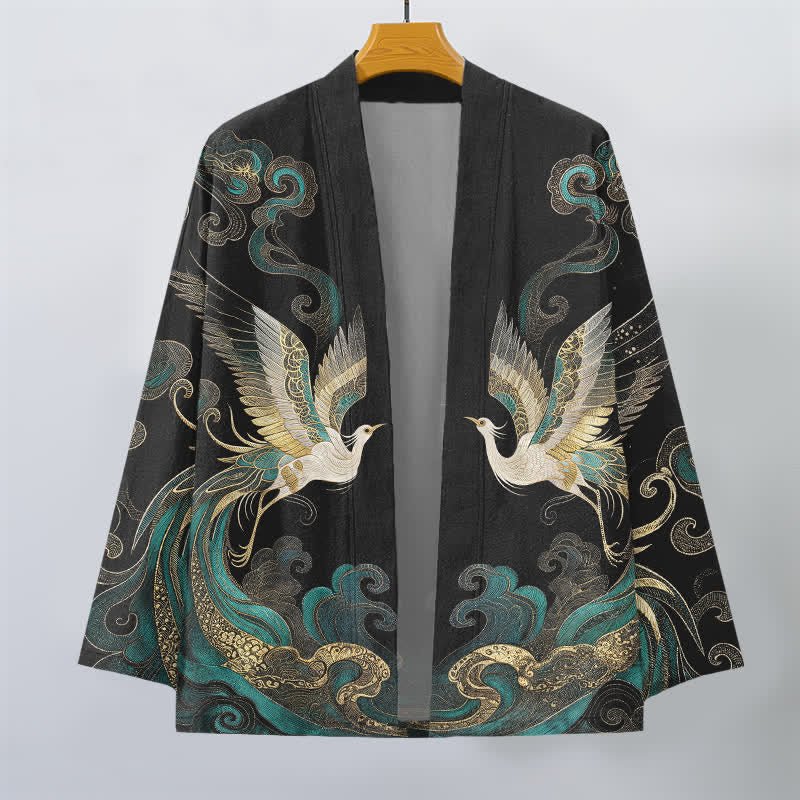 Buddha Stones Cotton Golden Crane Sea Cloud Pattern Open Front Men's Kimono - image 10