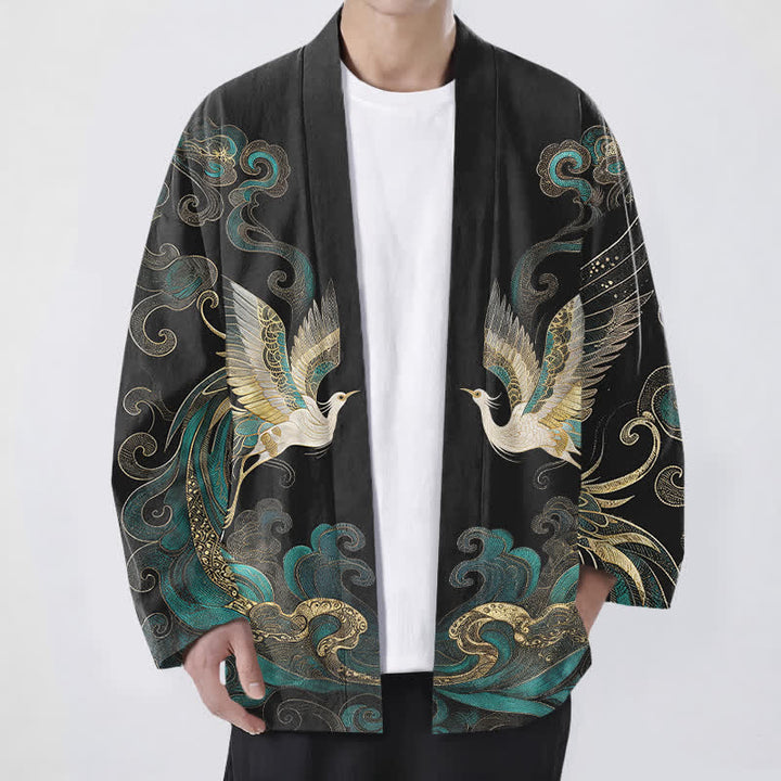 Buddha Stones Cotton Golden Crane Sea Cloud Pattern Open Front Men's Kimono - Black - US/UK/AU48，EU58 (4XL) - image 9