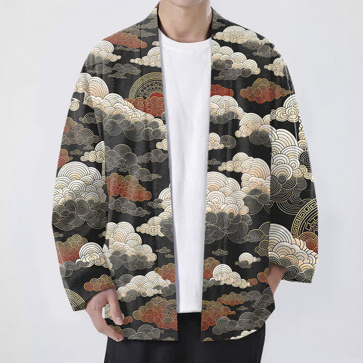 Buddha Stones Cotton Auspicious Cloud Tide Pattern Open Front Men's Kimono - Black - US/UK/AU48，EU58 (4XL) - image 0