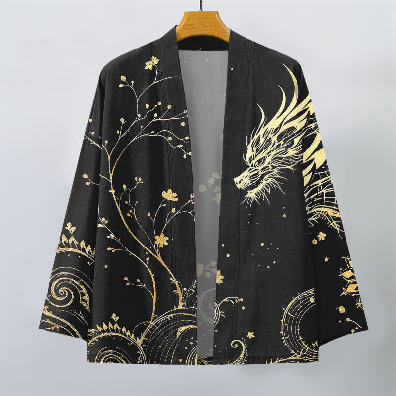 Buddha Stones Cotton Dragon Tide Florals Pattern Open Front Men's Kimono - image 10