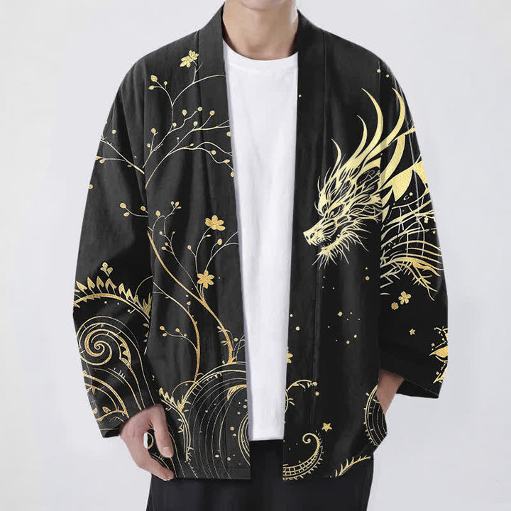 Buddha Stones Cotton Dragon Tide Florals Pattern Open Front Men's Kimono - Black - US/UK/AU48，EU58 (4XL) - image 9