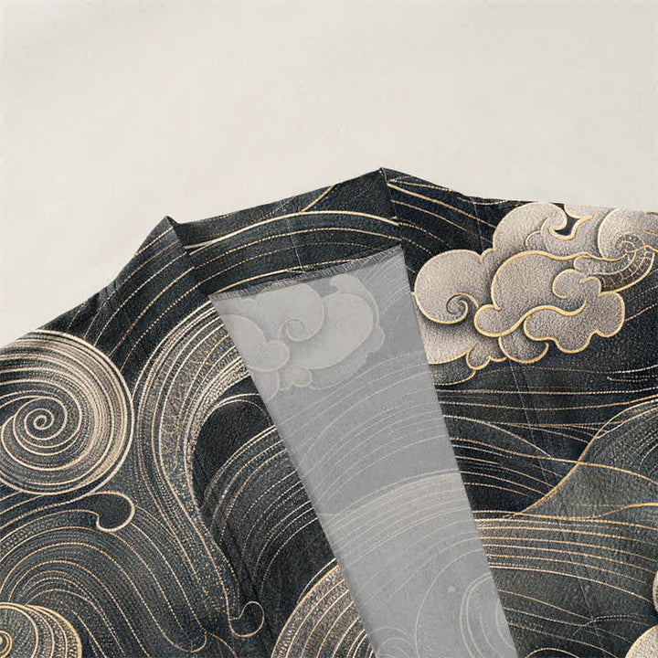 Buddha Stones Cotton Auspicious Dragon Cloud Sea Pattern Open Front Men's Kimono - image 3