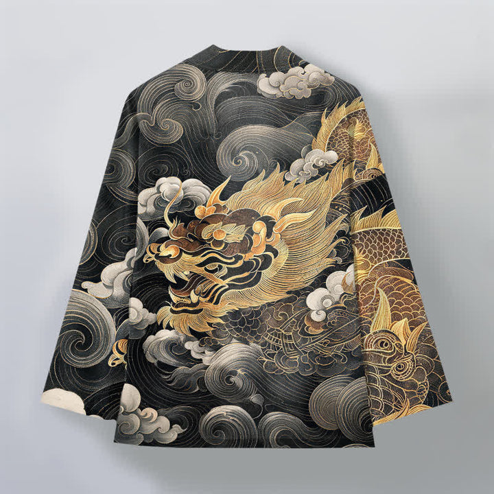 Buddha Stones Cotton Auspicious Dragon Cloud Sea Pattern Open Front Men's Kimono - image 2