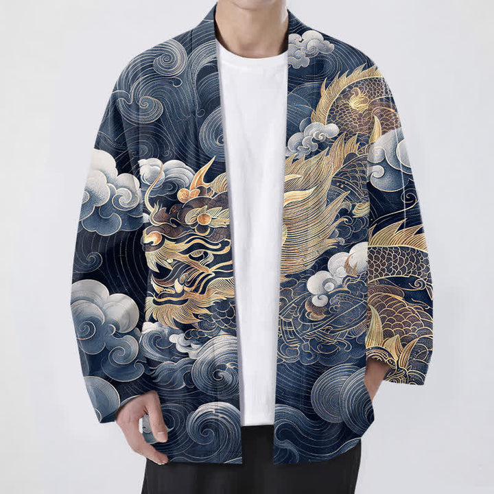 Buddha Stones Cotton Auspicious Dragon Cloud Sea Pattern Open Front Men's Kimono - Navy - US/UK/AU48，EU58 (4XL) - image 6