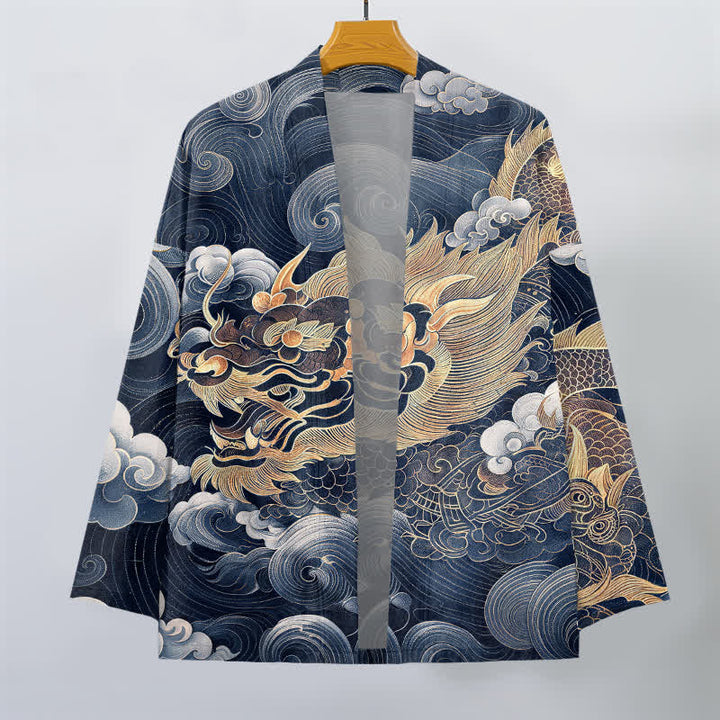 Buddha Stones Cotton Auspicious Dragon Cloud Sea Pattern Open Front Men's Kimono - image 7