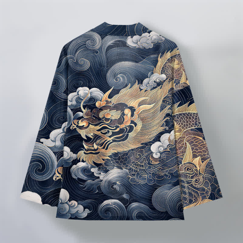 Buddha Stones Cotton Auspicious Dragon Cloud Sea Pattern Open Front Men's Kimono - image 8