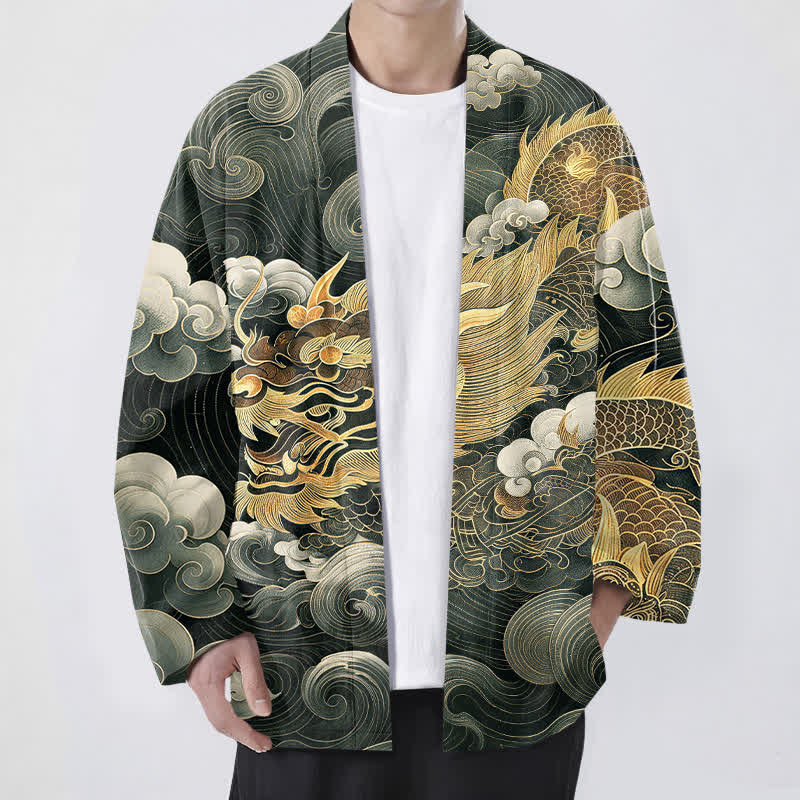 Buddha Stones Cotton Auspicious Dragon Cloud Sea Pattern Open Front Men's Kimono - DarkGreen - US/UK/AU48，EU58 (4XL) - image 9