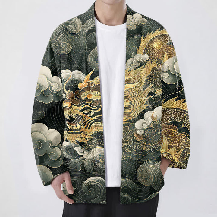 Buddha Stones Cotton Auspicious Dragon Cloud Sea Pattern Open Front Men's Kimono - DarkGreen - US/UK/AU48，EU58 (4XL) - image 9