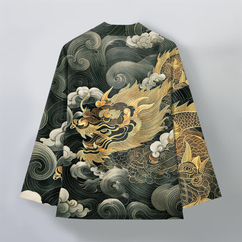 Buddha Stones Cotton Auspicious Dragon Cloud Sea Pattern Open Front Men's Kimono - image 11