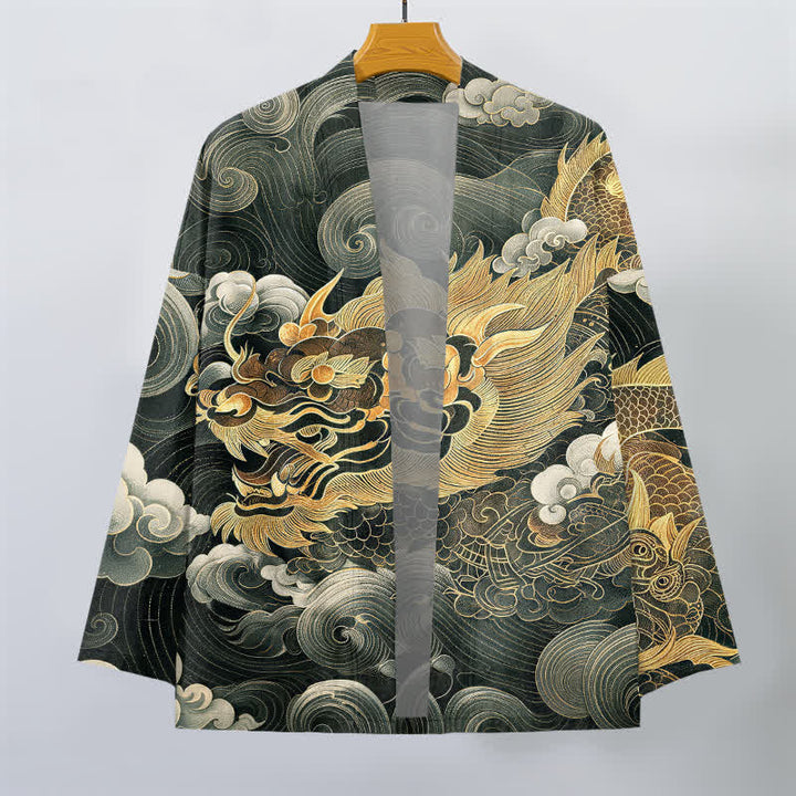 Buddha Stones Cotton Auspicious Dragon Cloud Sea Pattern Open Front Men's Kimono - image 10