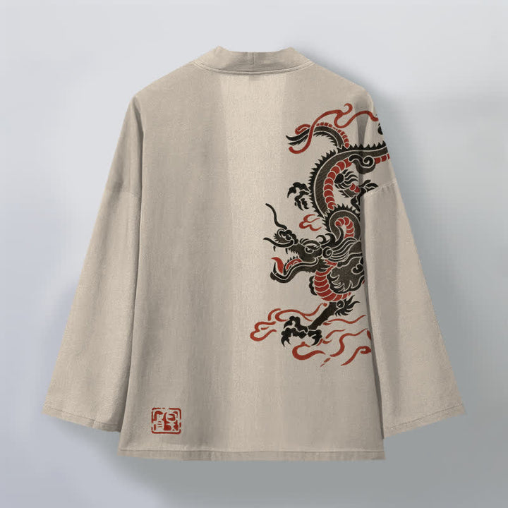 Buddha Stones Cotton Black Red Dragon Pattern Open Front Men's Kimono - image 2