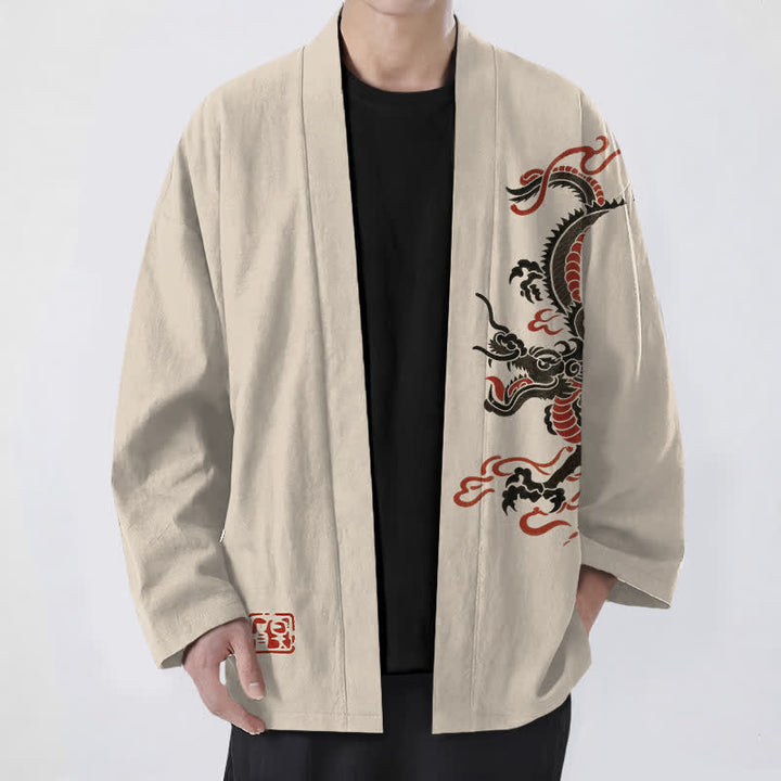 Buddha Stones Cotton Black Red Dragon Pattern Open Front Men's Kimono - Beige - US/UK/AU48，EU58 (4XL) - image 0
