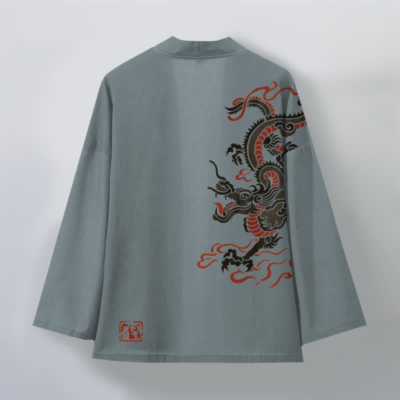 Buddha Stones Cotton Black Red Dragon Pattern Open Front Men's Kimono - image 8