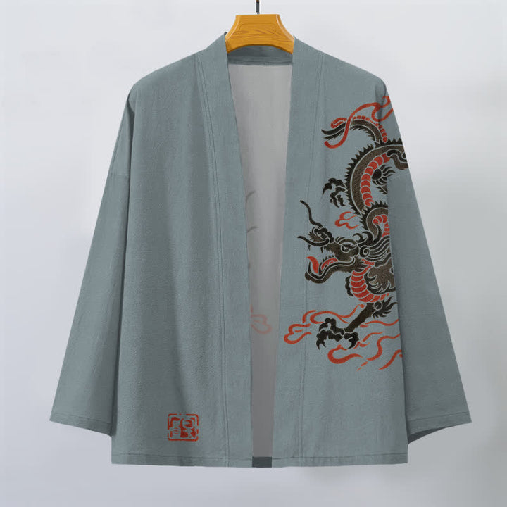 Buddha Stones Cotton Black Red Dragon Pattern Open Front Men's Kimono - image 7