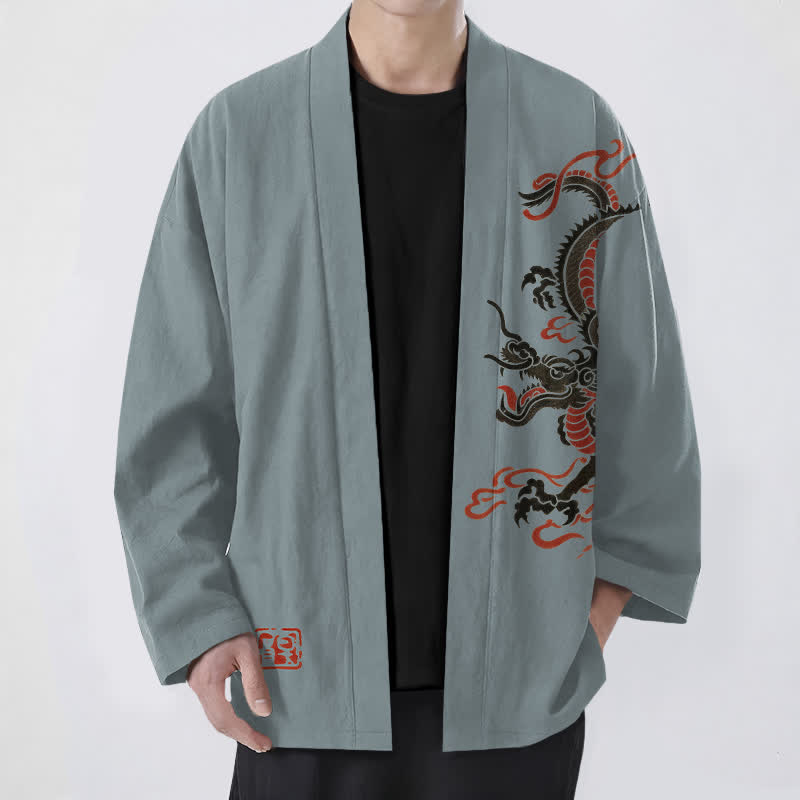 Buddha Stones Cotton Black Red Dragon Pattern Open Front Men's Kimono - CadetBlue - US/UK/AU48，EU58 (4XL) - image 6