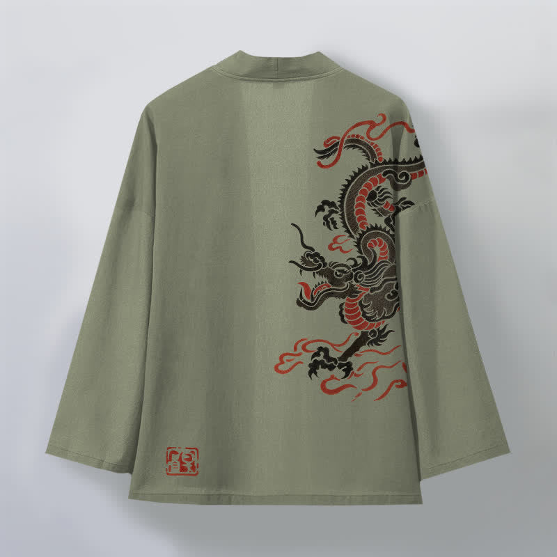 Buddha Stones Cotton Black Red Dragon Pattern Open Front Men's Kimono - image 11