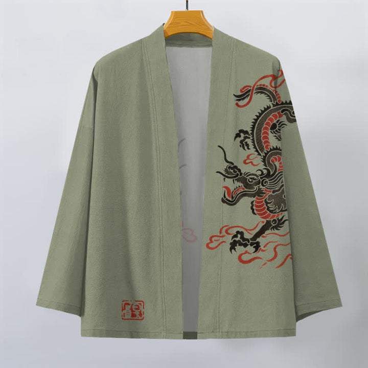 Buddha Stones Cotton Black Red Dragon Pattern Open Front Men's Kimono - image 10