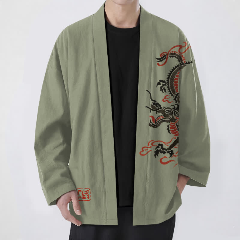 Buddha Stones Cotton Black Red Dragon Pattern Open Front Men's Kimono - OliveDrab - US/UK/AU48，EU58 (4XL) - image 9