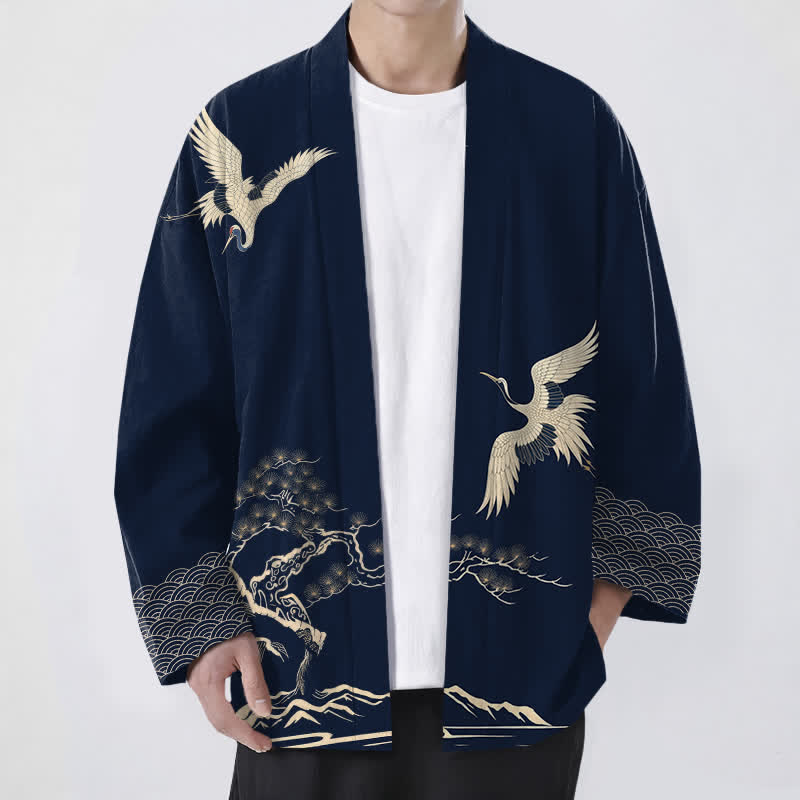Buddha Stones Cotton Crane Pine Landscape Pattern Open Front Men's Kimono - Navy - US/UK/AU48，EU58 (4XL) - image 6