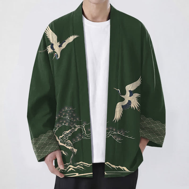 Buddha Stones Cotton Crane Pine Landscape Pattern Open Front Men's Kimono - DarkGreen - US/UK/AU48，EU58 (4XL) - image 9