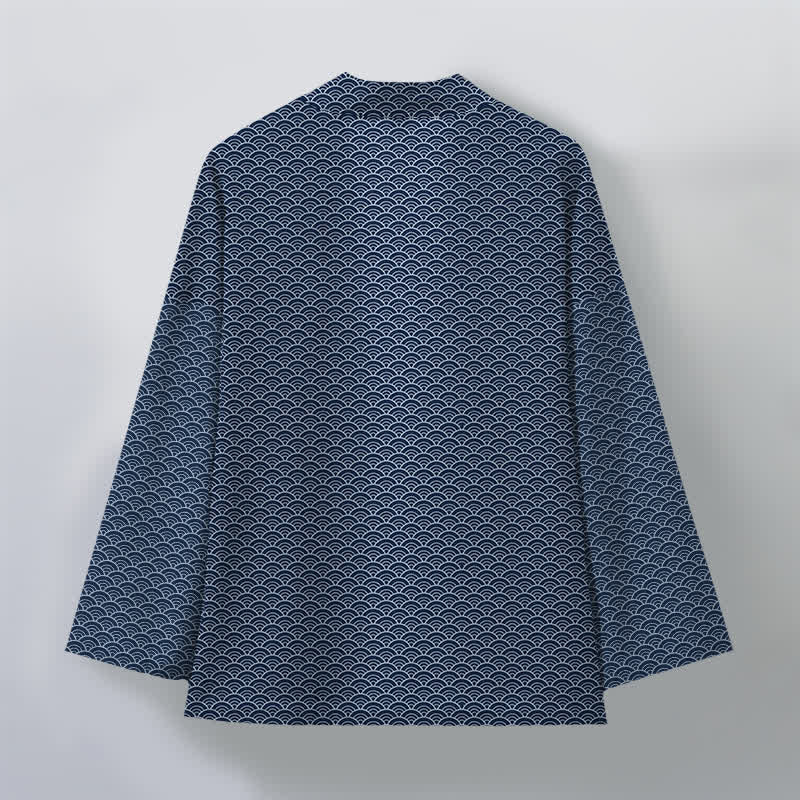 Buddha Stones Cotton Japanese Ocean Wave Pattern Open Front Men's Kimono - image 2