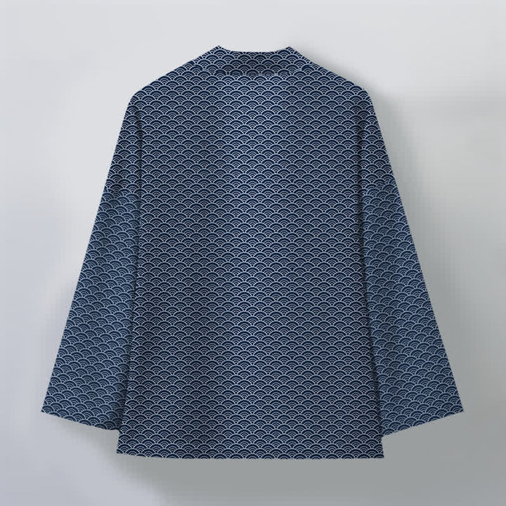 Buddha Stones Cotton Japanese Ocean Wave Pattern Open Front Men's Kimono - image 2