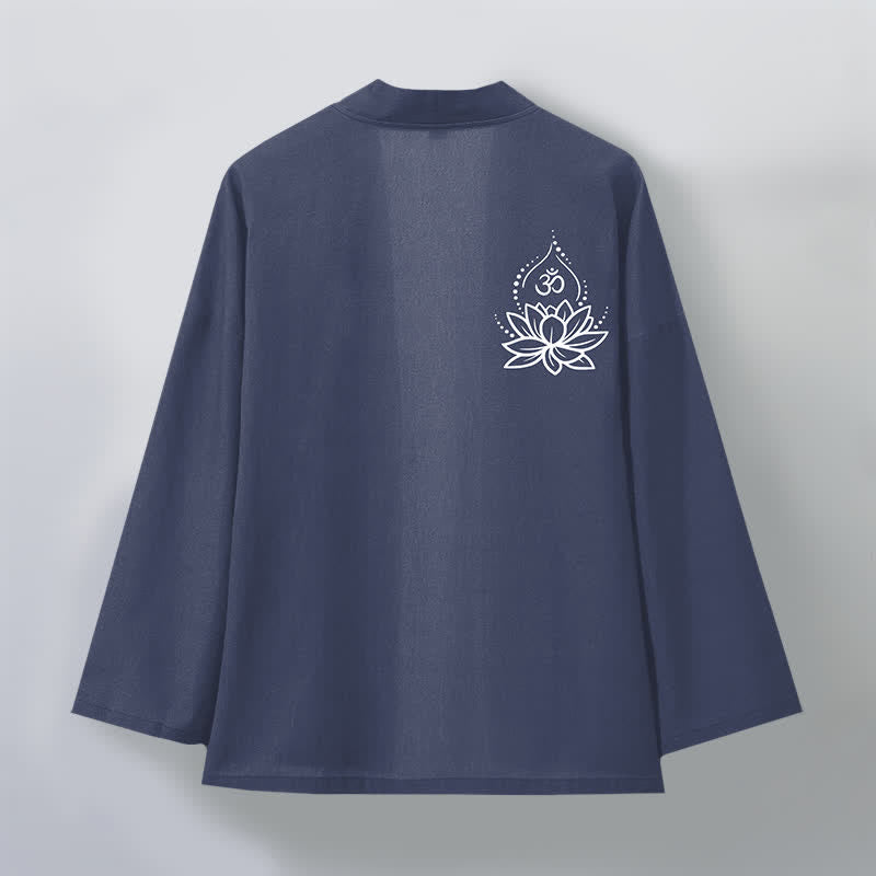 Buddha Stones Cotton Lotus Om Pattern Open Front Men's Kimono - image 2