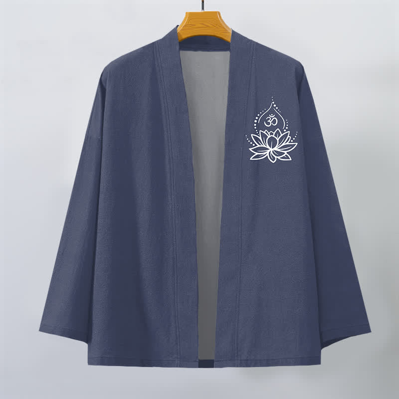 Buddha Stones Cotton Lotus Om Pattern Open Front Men's Kimono - image 1