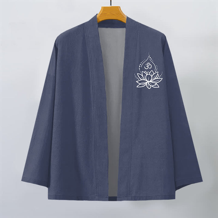 Buddha Stones Cotton Lotus Om Pattern Open Front Men's Kimono - image 1