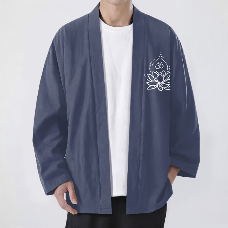 Buddha Stones Cotton Lotus Om Pattern Open Front Men's Kimono - SlateGray - US/UK/AU48，EU58 (4XL) - image 0