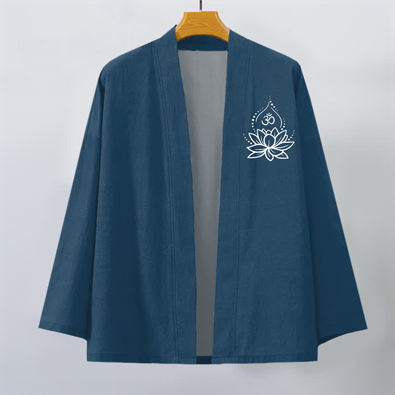 Buddha Stones Cotton Lotus Om Pattern Open Front Men's Kimono - image 7